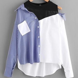 Off the Shoulder Striped Button Up w/Attached Tank